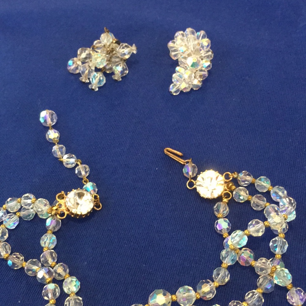 Antique Crystal 3-string Choker necklace-Earrings - Picture 4 of 5